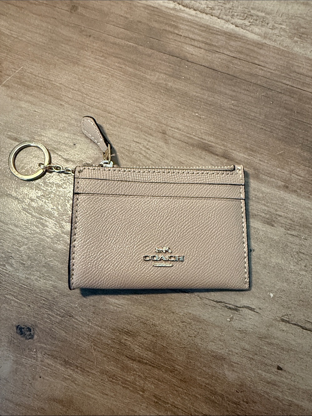 Coach Pebbled Leather Card Case with Gold Keyring in Beige